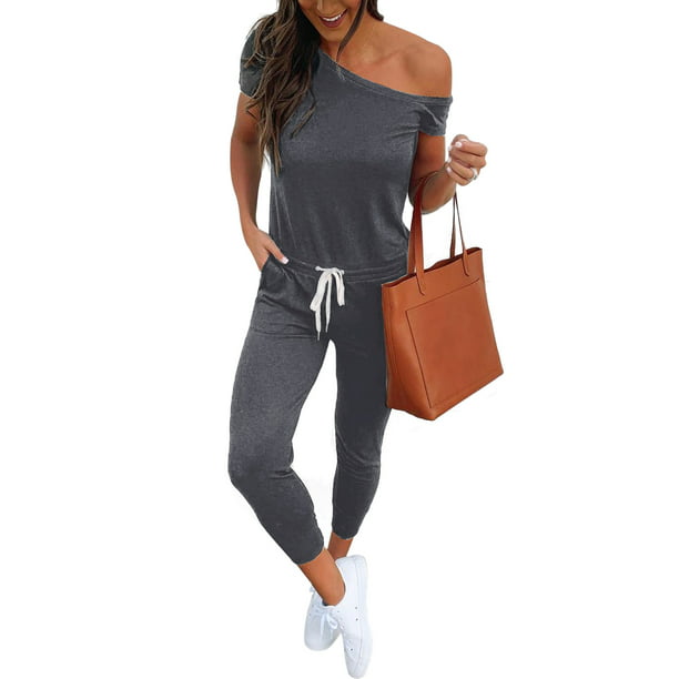 EINCcm Women Short Sleeve Rompers Off Shoulder Elastic Waist Jumpsuit Summer Casual Loose One Piece Outfits Sports Playsuit 